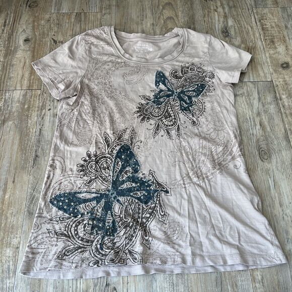 Y2K Baby Tee Butterfly Vintage Grunge Women's Medium Beige Blue Grunge - Picture 1 of 6